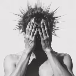 a shirtless man holding his hands to his face