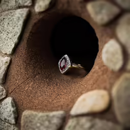 the diamond ring is laying inside a hole made of stones