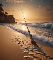 a fish is tied up on the beach and ready to be fishing,a fishing pole on the shore of the beach