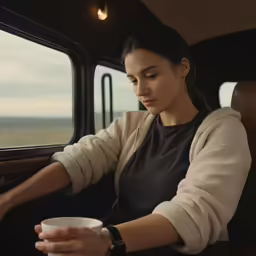 a woman sits with a cup in her hand while looking out the window