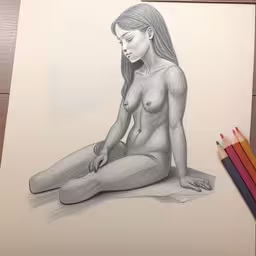 this is a drawing of a naked female,a pencil drawing of a naked woman sitting on the floor