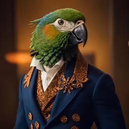 a parrot dressed in a suit and wearing a hat