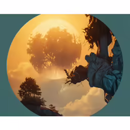 a large, yellow sun and some trees are reflected in the round picture
