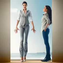two women are standing together in a photo studio