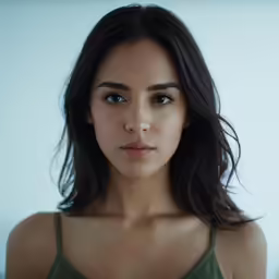 a woman wearing a green shirt looks into the camera
