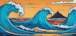 an ocean painting with blue waves and brown mountains,an art print of waves crashing on the beach