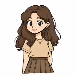 a girl in a t - shirt that has long brown hair and a brown skirt