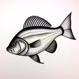 a fish is depicted in black and white ink,a fish is shown, and it has an interesting tail