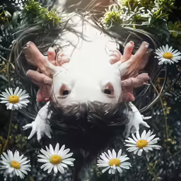 a couple of hands reaching towards some flowers
