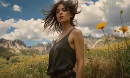 a woman posing for a photo while standing in a field