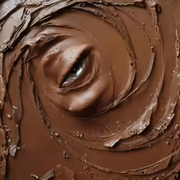 a face that is covered in chocolate on some clay