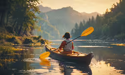 a woman riding on the back of a boat with a yellow paddle,the person is paddleboarding on the water near the mountains