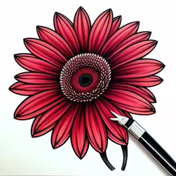 a drawing of a large red flower with a black outline and white background,a drawing of a large red flower with a small black piece