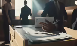 a man in suit and tie holding a business document at a desk