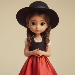 a dolls face wearing a large hat and a dress