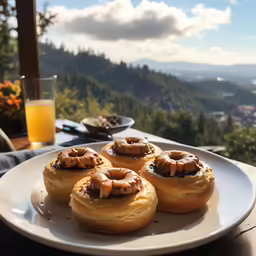 six doughnuts and orange juice on a white plate