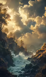 a painting of a river and coastline at sunset