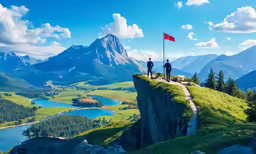 the two men are standing on the edge of a cliff overlooking a lake and mountain range