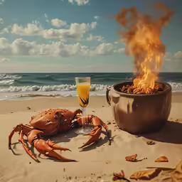 a crab and a drink on a sandy beach with waves