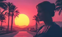 a woman looks into the distance as the sun sets behind a line of palm trees