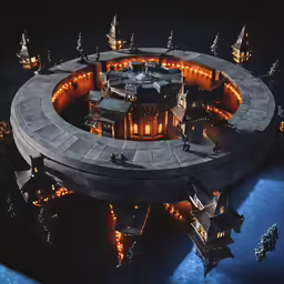 a futuristic island is lit up at night