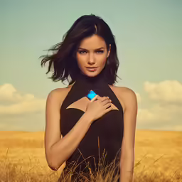 an asian model posing in a golden wheat field