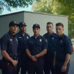 group of security officers standing in front of a building