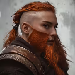 woman with long red hair wearing leather armor and a beard
