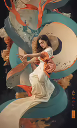 an image of a woman in white with a dress and long tail standing over a flowing stream of water