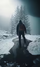 a man with a backpack is walking in the snow