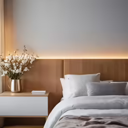 a bed with sheets, pillows, and a vase of flowers sitting on it