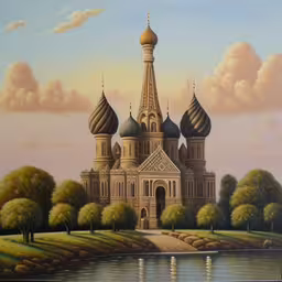 a painting of the cathedral on the water,the painting depicts a palace with domes and a lake