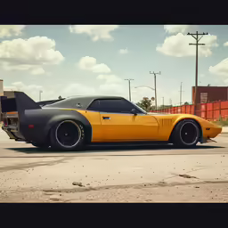 the yellow sports car is parked near a trailer