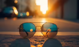 a pair of sunglasses resting on the sidewalk