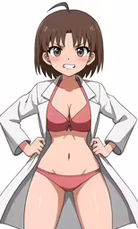 a naked woman in a red bikini and white coat