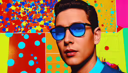 a man wearing blue sunglasses in front of multiple color squares,the man is wearing sunglasses while he is looking forward