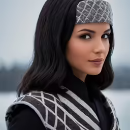 a woman with black hair is wearing a gray scarf and head scarf
