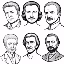 the famous presidents are shown in black and white,the six presidents of the united states, drawn with black lines,an image of six different actors in their outfits,four men in suits and beards are drawn,six different drawing of men in suits and ties