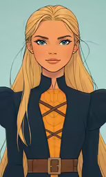 a blonde haired woman with braids and a blue dress