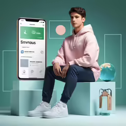 a man wearing a pink sweatshirt sits on a cube next to a phone