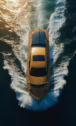 a yellow boat is driving through the ocean