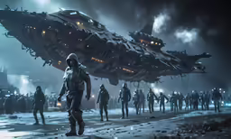 aliens are walking on the snow in front of an aircraft