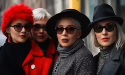 four women standing with one wearing red hair and the other wearing black and white