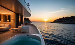 the luxury motor yacht is decked out with white seating and a large jacuzzi tub