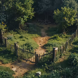 a wooden fence and gate in the middle of the garden
