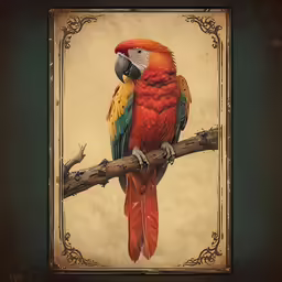 an ornate painting of a bird perched on a branch