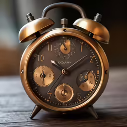 a close up of an old alarm clock on a table