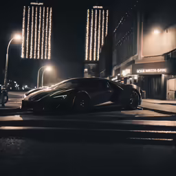 a black sports car is parked by the street