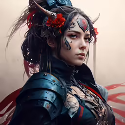 a girl with painted face and horns holding scissors