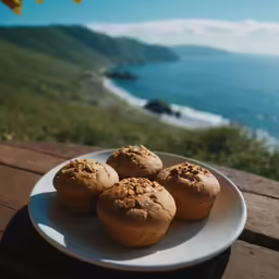 three muffins are on a plate near the ocean
